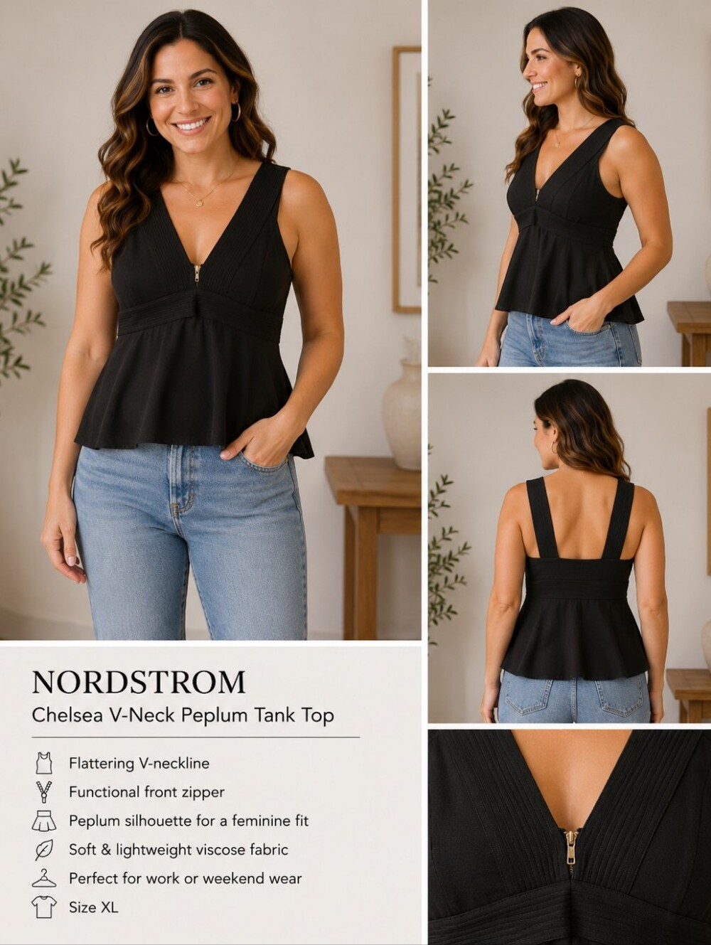 Nordstrom Chelsea 28 Black V-Neck Peplum Tank Top Size XL Zipper Viscose